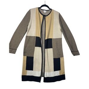 Jones Studio Cardigan Sweater M Beige Black Geometric Print Cotton Blend Knit